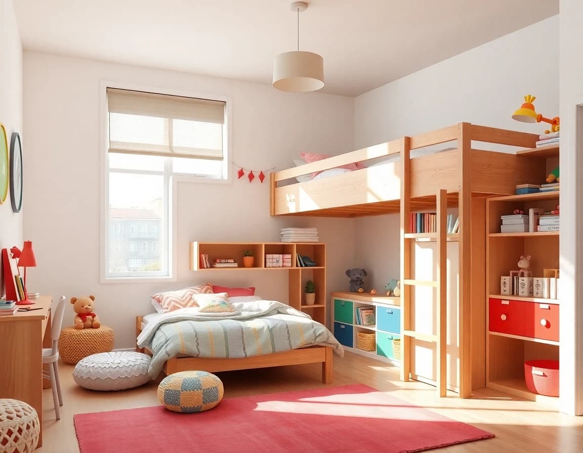 Kinderzimmer Design: buntes, kreatives Kinderzimmer mit Spielbereich und Stauraum