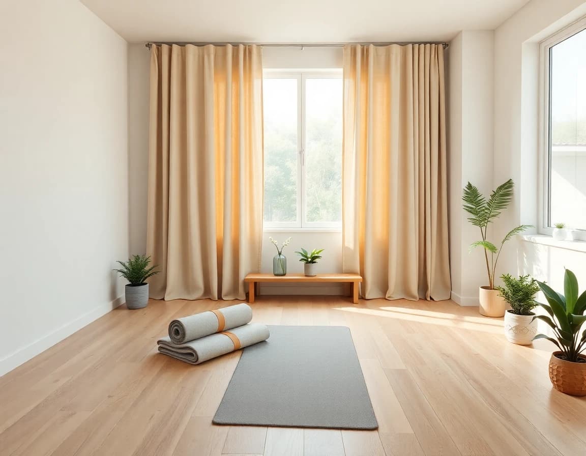 Yoga Zimmer einrichten: helle, minimalistische Ruheoase mit Holzboden und Pflanzen